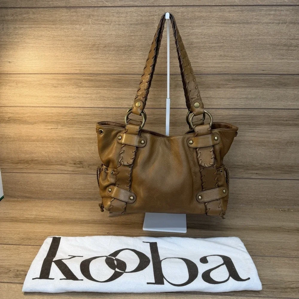 Kooba Sienna Leather Satchel Handbag Tan Whipstitch Braided Hobo Bag Vintage Y2K